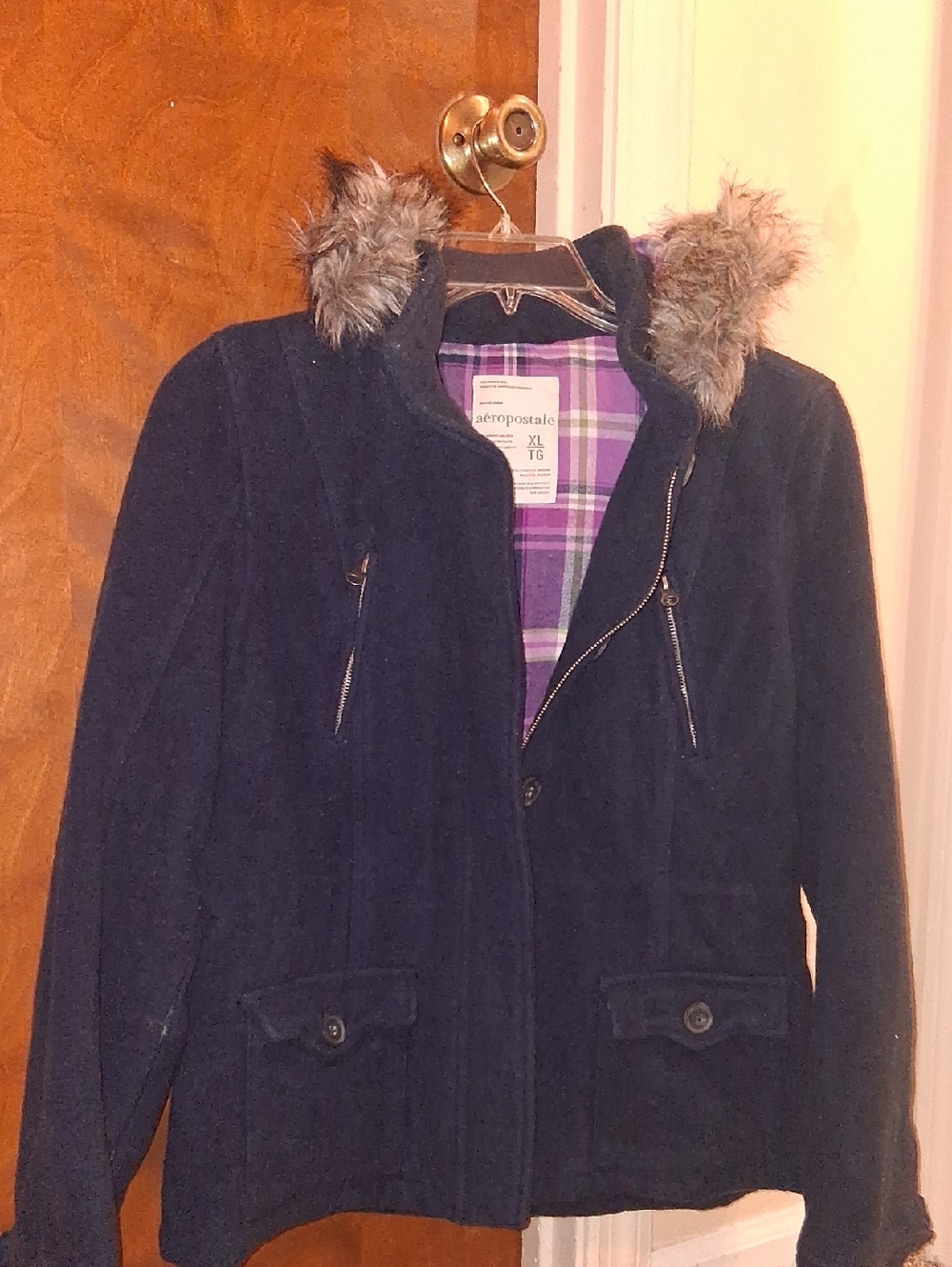 Aeropostale Women's Dark Navy Hooded Trench Coat with Faux Fur Trim